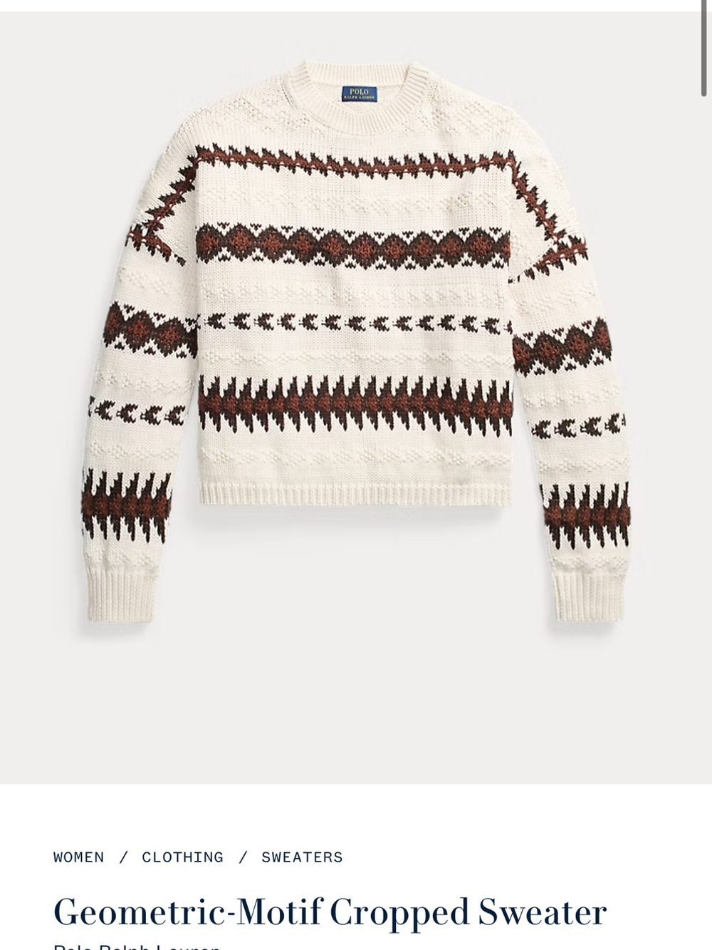 Polo by Ralph Lauren Cream Geometric-Motif Cropped Sweater Size Small